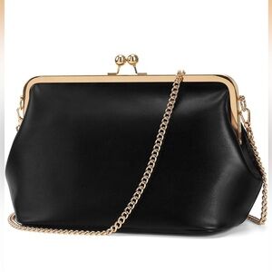Black and gold kisslock bag/ purse soft leather like with detachable strap